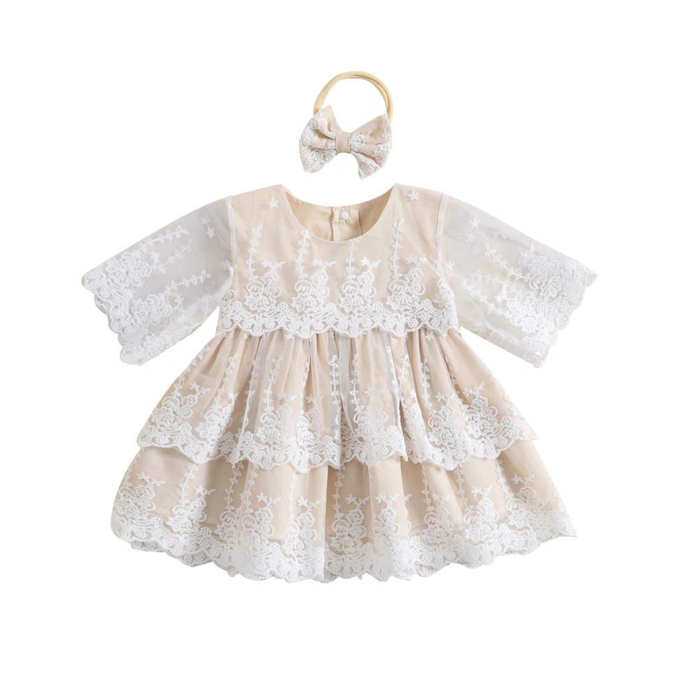 Girl Dress Flower Lace Half Sleeve Crew Neck Mesh Dress with Headband