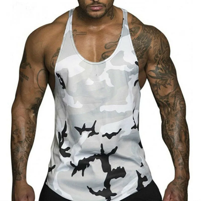 Men Fashion Color Block Print Bodybuilding Sport Vest Fitness Undershirt