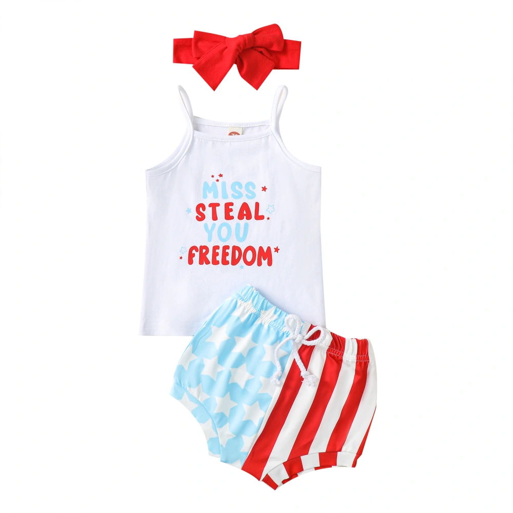 Girls White Sling Vest + Stars Striped Drawstring Shorts + Headband