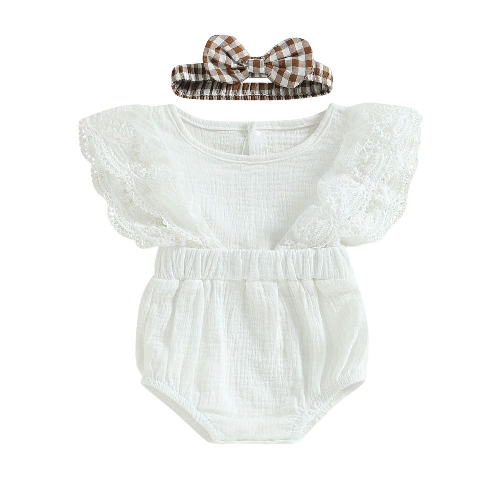 Baby Girl Two Piece Outfit Lace Ruffle Trim Summer Romper and Headband