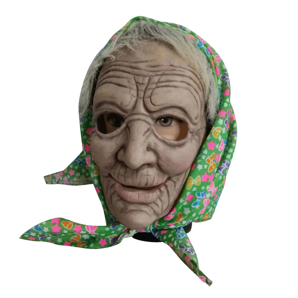 Halloween Old Lady Mask, Scary Granny Latex Mask with Head Scarf