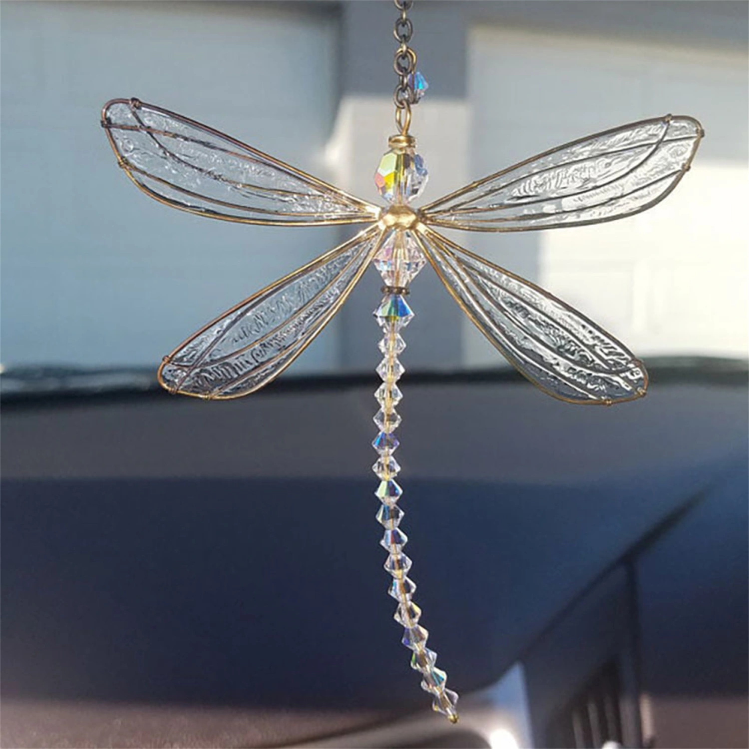 Crystal Pendant Dragonfly Window Wing Metal Wind Chime, Transparent