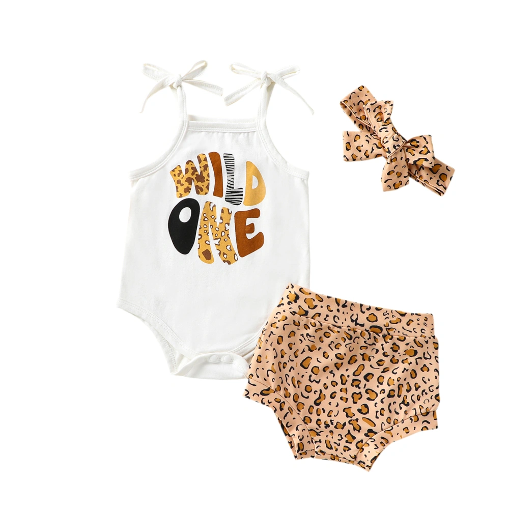 Girls White Letter Print Romper/Vest + Leopard Print Shorts + Headband