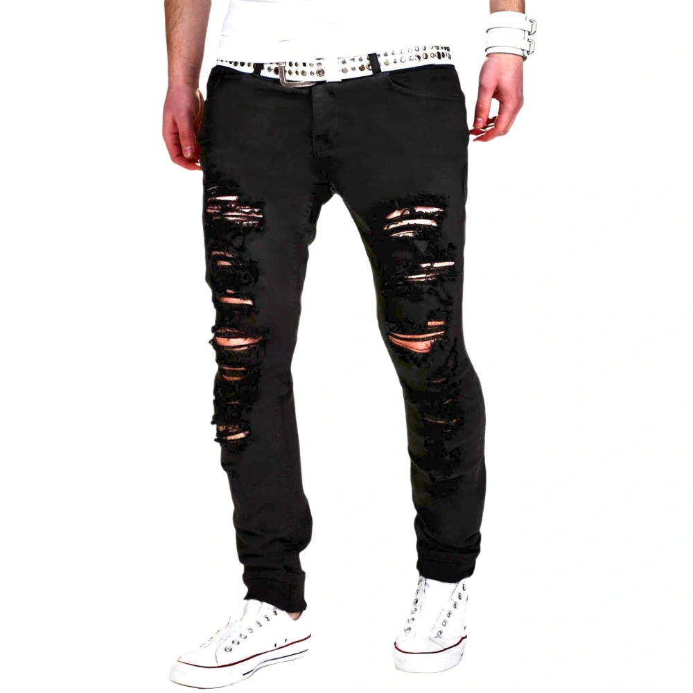 Men's Spring Summer Black Hollow Out Streetwear Ripped Trousers