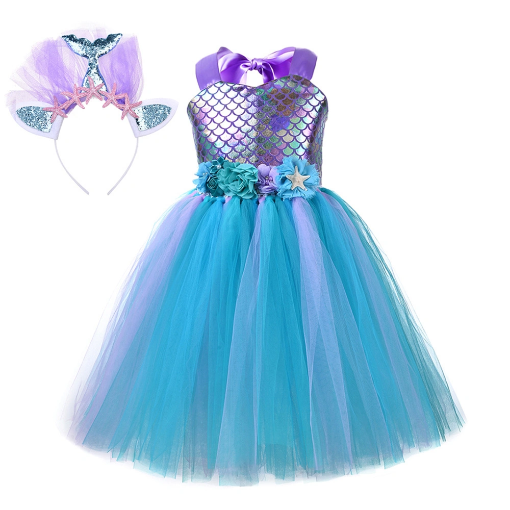 Kids Girls Halloween Costume Mermaid Princess Mesh Dress and Headband