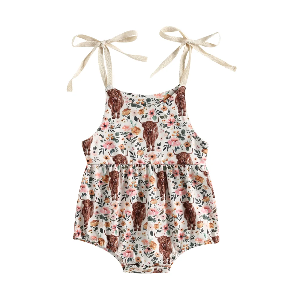 Baby Girls Summer Sleeveless Cattle Head and Floral Print Playsuit