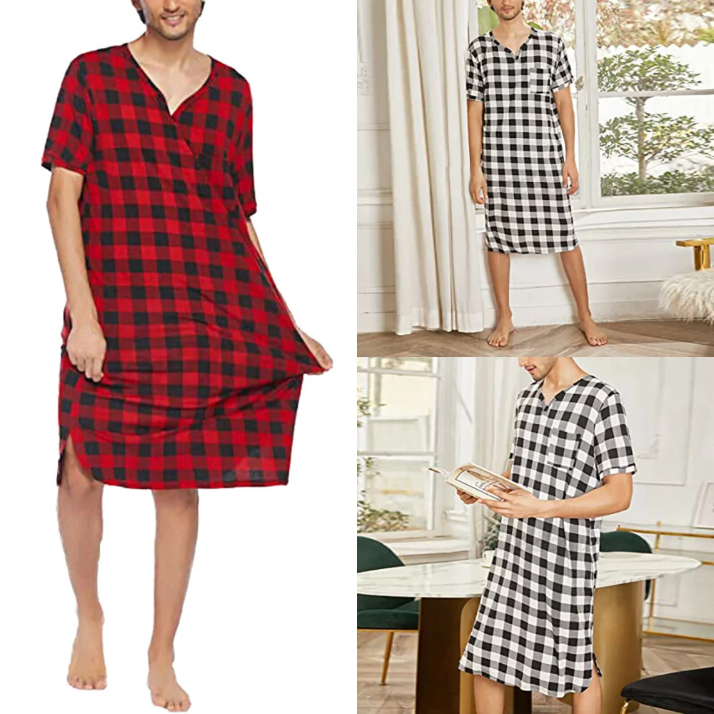 Men Loose Style Pajama, Short Sleeve V-neck Plaid Nightdress