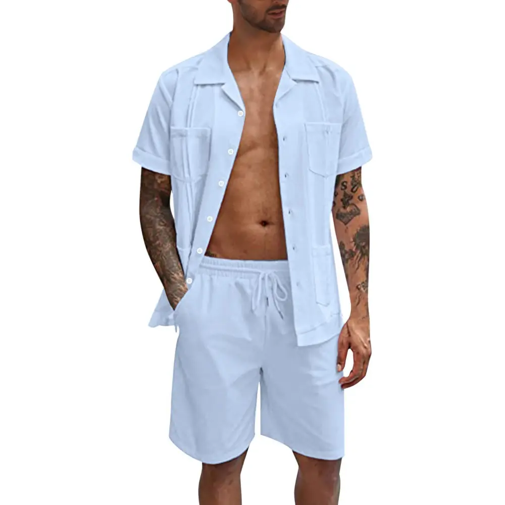 Men 2 Pieces Linen Shirts Sets Short Sleeve Shirt Loose Shorts