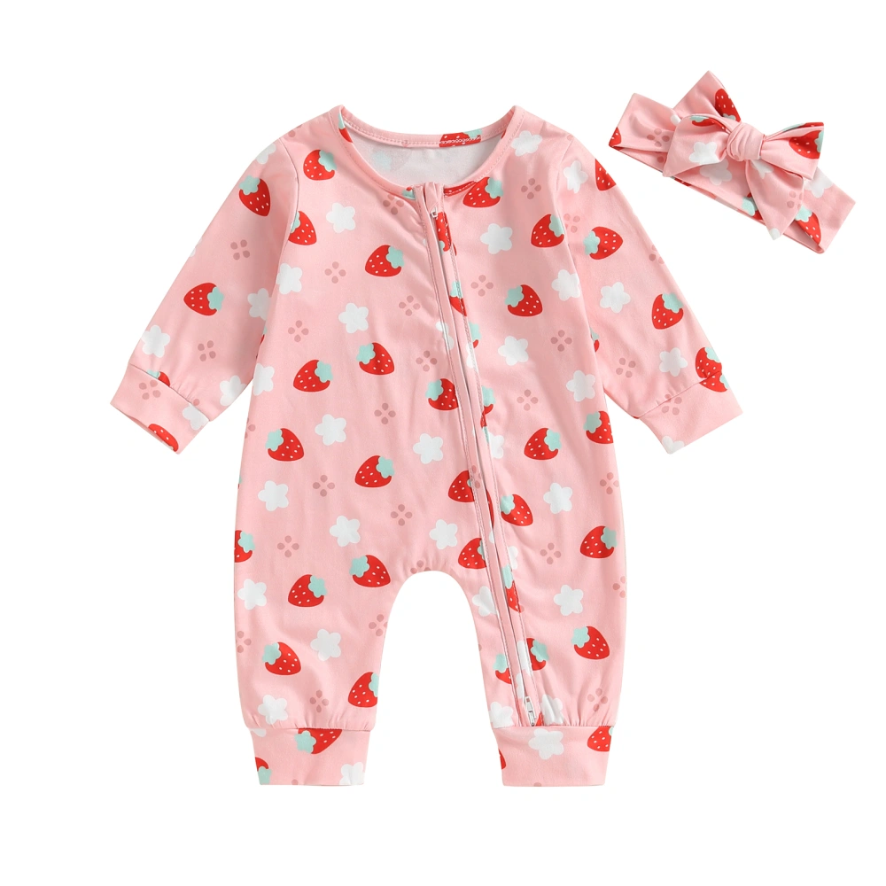 Infant Girl Jumpsuit Strawberry Print Long Sleeve Romper + Headband