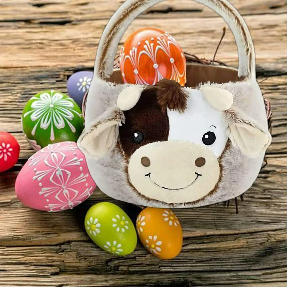 Cow Easter Basket Plush Toys Spring Gift Candies Buckets Tote Bag 