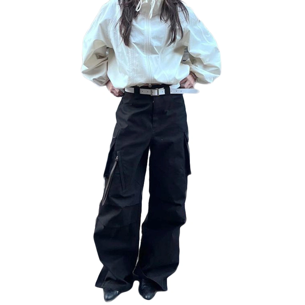 Women Cargo Pants, Solid Color High-Waisted Trousers with Pockets