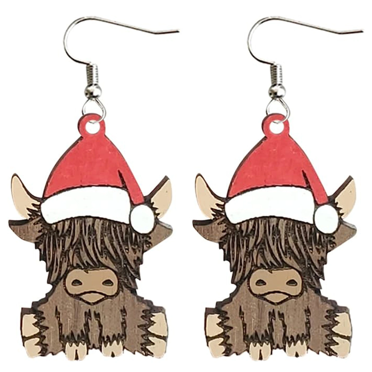 Christmas Dangle Earrings, Cute Highland Cow Drop Earrings for Women