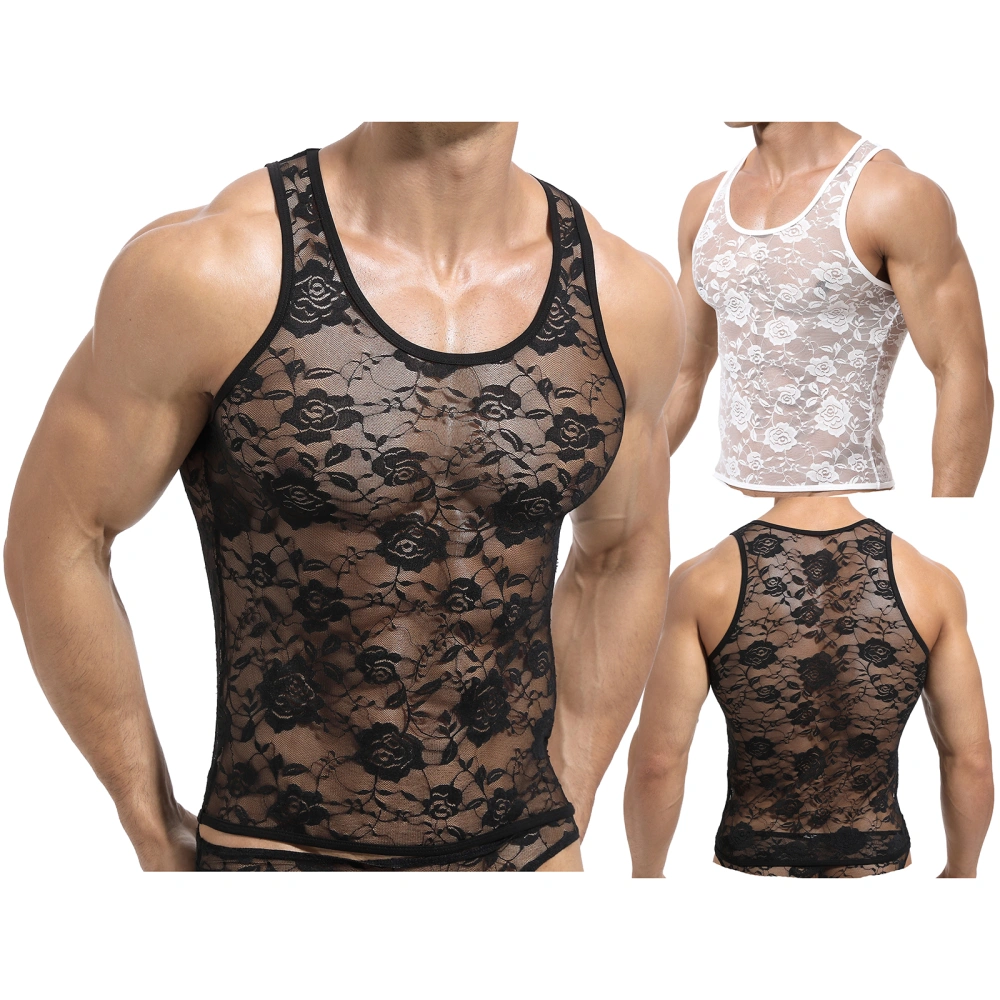 Men Sheer Lace Tank Tops Workout Gym Shirt Sleeveless Muscle T-Shirt