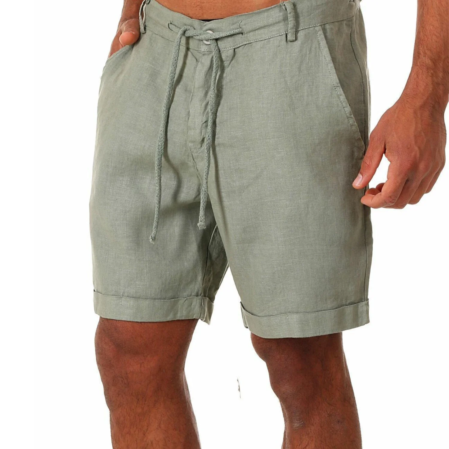 Men’ s Solid Color High Waist Short Pants with Drawstring Pockets