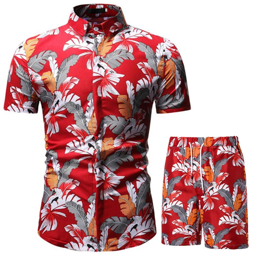 Men Beach Outfits, Printed Lapel Button Down Shirt + Drawstring Shorts