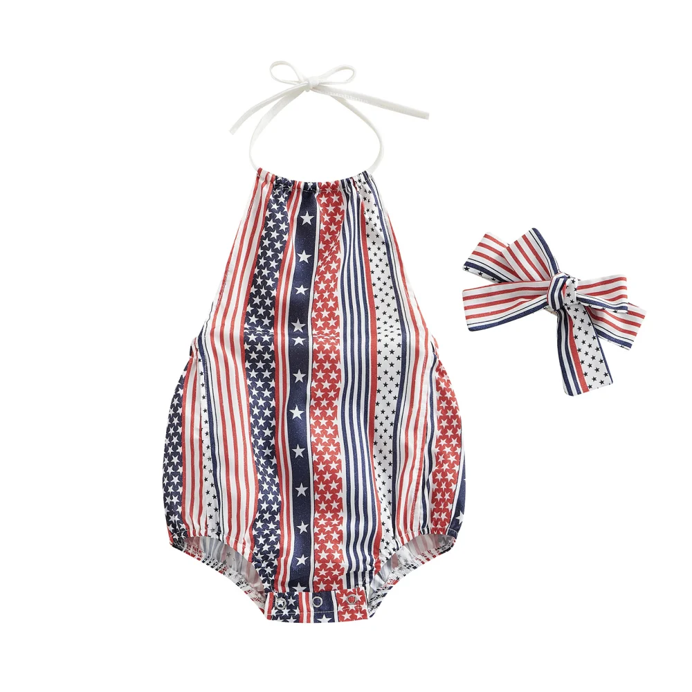 Independence Day Baby Girl Jumpsuit Stars Stripes Rompers and Headband