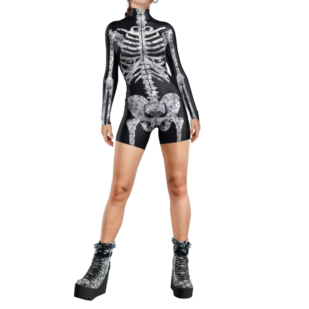 Women Halloween Cosplay Playsuits Skeleton Print Mock Neck Jumpsuit