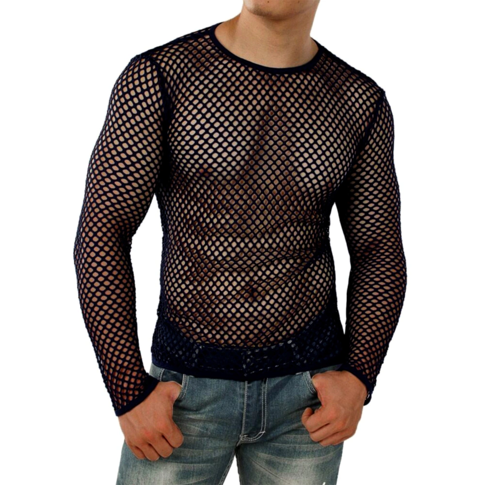 Men Fishnet Hollow-Out T-Shirt Long Sleeve Muscle See-Through Tops