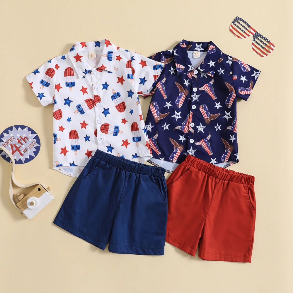 Kids Boy Short Sleeves Lapel Buttons Tops + Side Pocket Short Pants