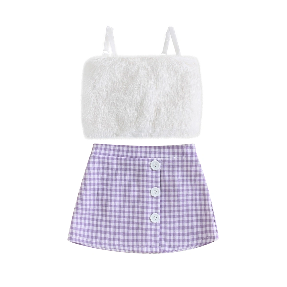 Kids Girl Summer Outfit Plush Camisole and Plaid A-Line Skirt Set 