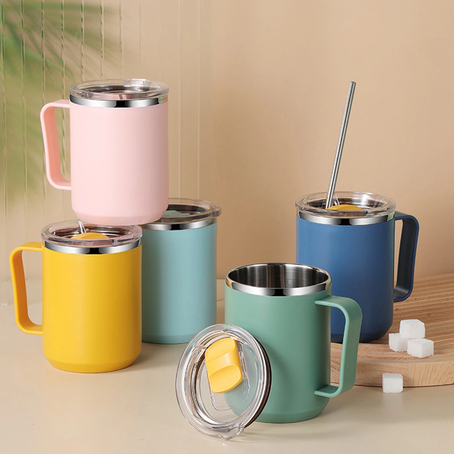 Stainless Steel Insulated Coffee Mugs with Handle, Straw & Lid, 450mL