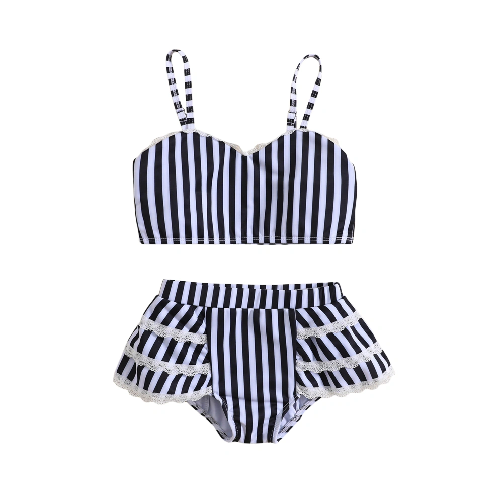 Kids Girls Bikini Set, Striped Camisole with Lace Patchwork Briefs