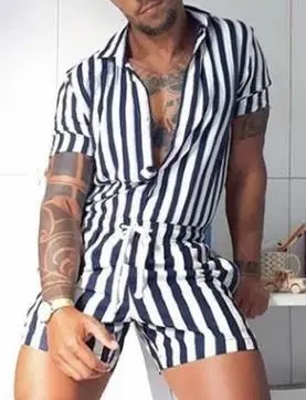 Men’s Casual Stripe Short-sleeved Single-breasted Short Jumpsuit