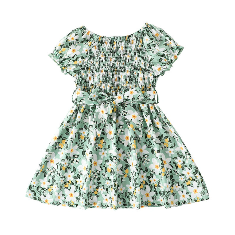 Kid Girl Short Sleeve Round Neck Floral Print High Waist Dress