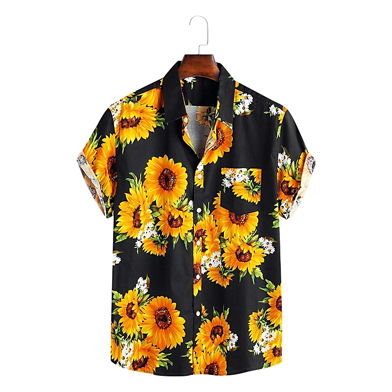 Men's Short Sleeve Shirt, Sunflower Print Lapel Button Simple Blouse