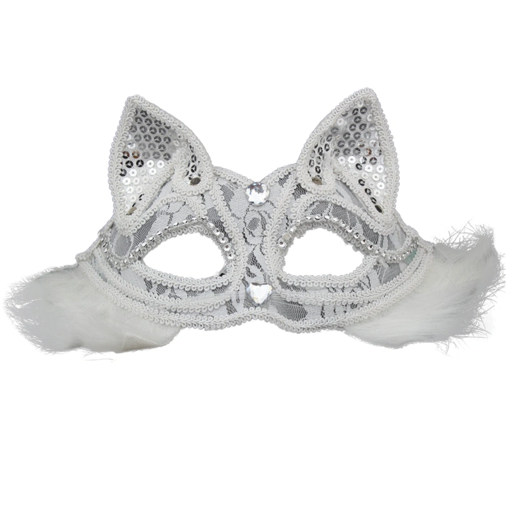 Masquerade Facewear Sequins Rhinestones Lace Fox Headwear with Fluff 