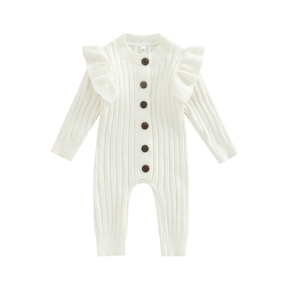 Baby Girl’s Knitted Solid Color Round Neck Button Long Sleeve Jumpsuit