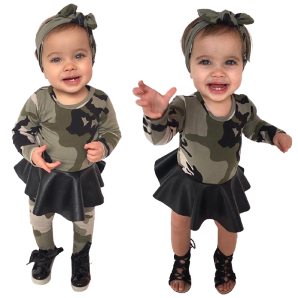 Girl’s Camouflage Stitching Long Sleeve A-line Dress and Headband