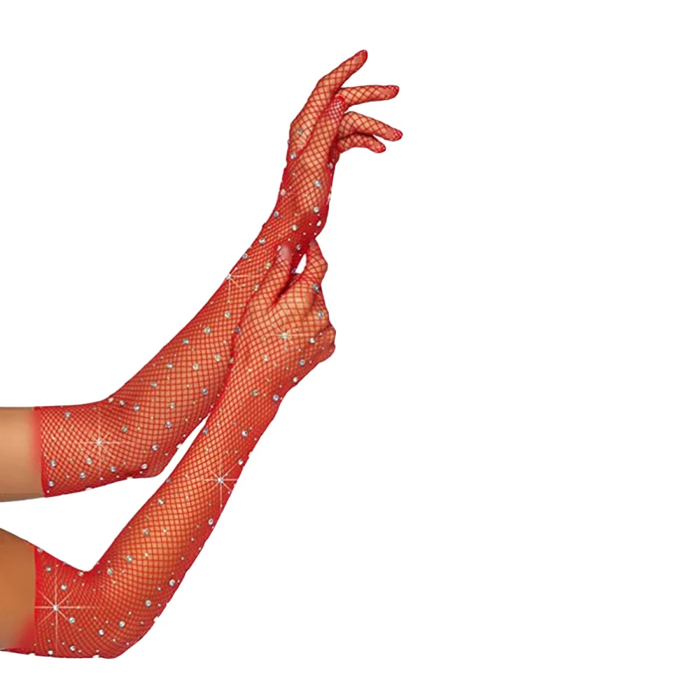 Women Rhinestone Fishnet Gloves Glitter Long Evening Opera Gloves