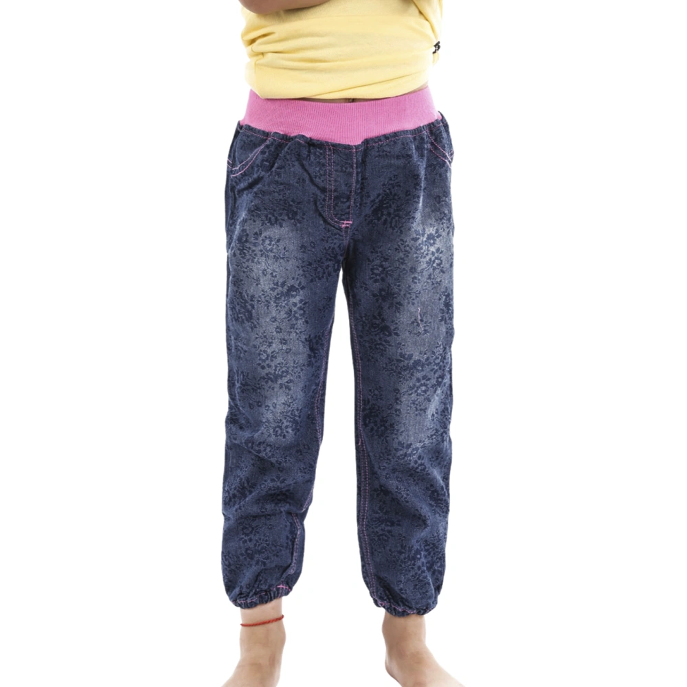 Girls Casual Jeans, Dark Blue Variegated Color Elastic Waist Trousers