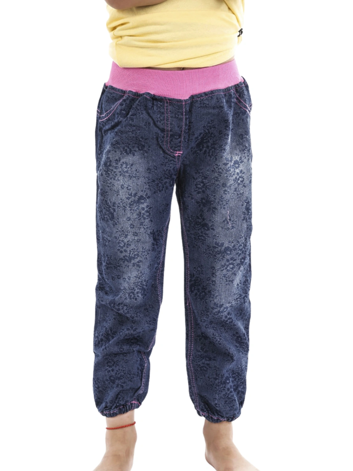 Girls Casual Jeans, Dark Blue Variegated Color Elastic Waist Trousers
