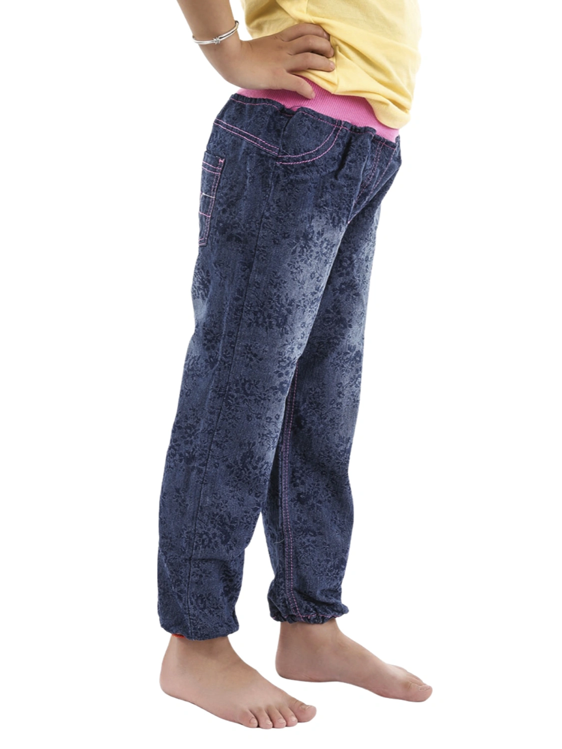 Girls Casual Jeans, Dark Blue Variegated Color Elastic Waist Trousers