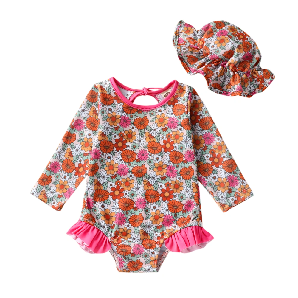 Kid Girls Romper Swimsuit Long Sleeve Round Neck Romper + Hat 