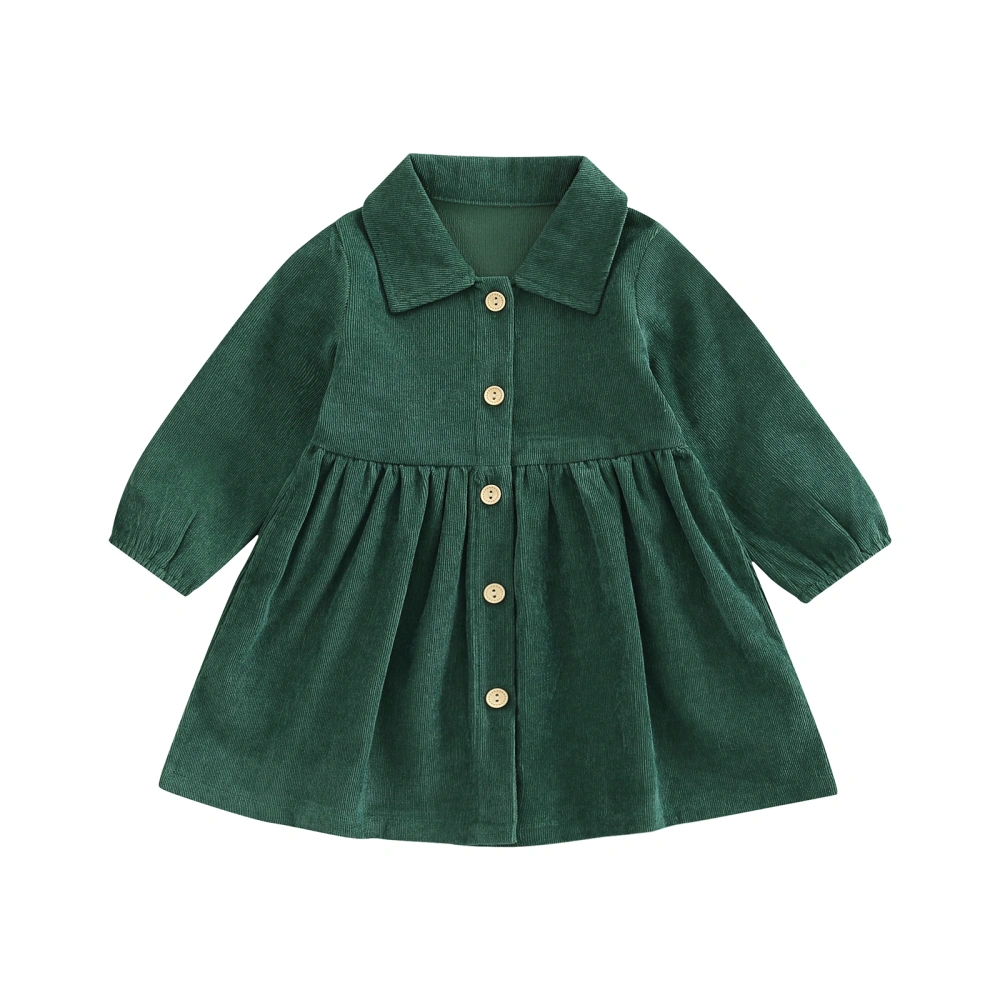 Kids Girls Corduroy Dress, Long Sleeve Button-down Solid Fall Dress