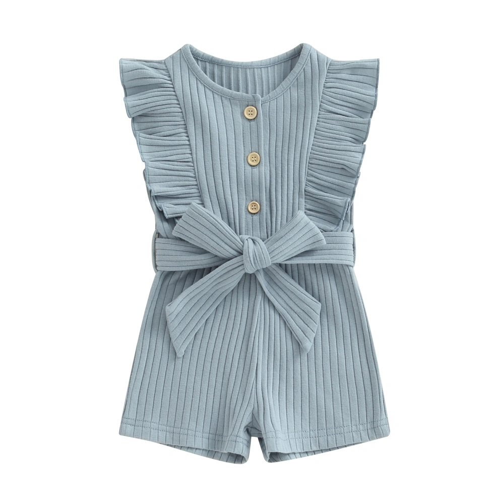 Kids Girls Playsuit Ruffles Solid Color Rib Knit Jumpsuits with Belt