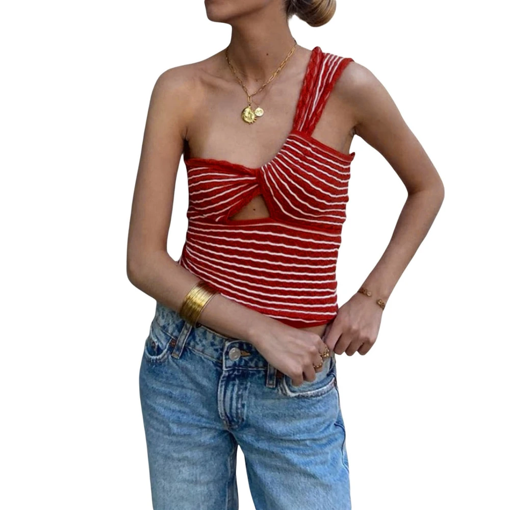 One-shoulder Knit Tops, Slim-fit Sleeveless Striped Cutout Tank Tops