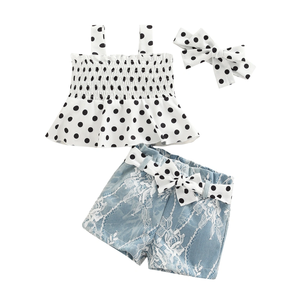 Girls Dots Print Camisole, Denim Shorts, Waistband and Headdress