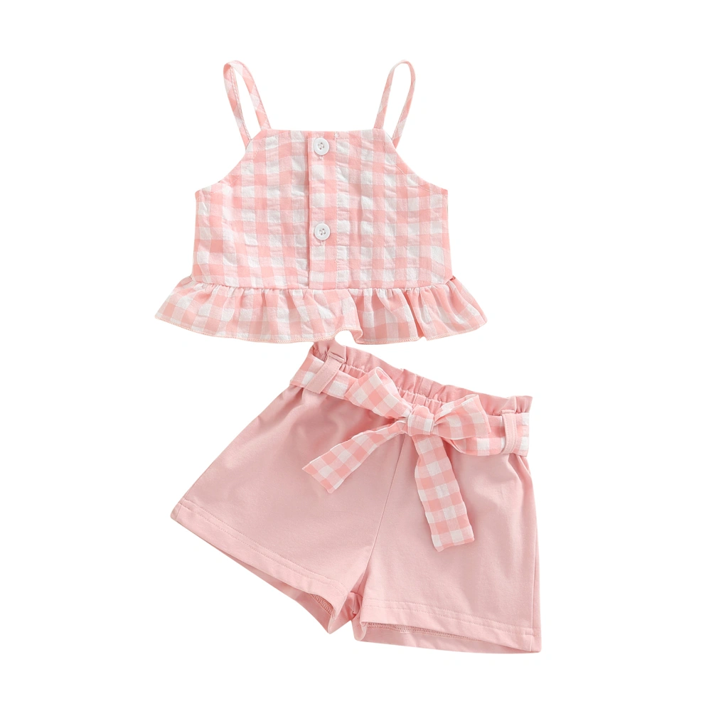 Baby Girls Summer Outfit Plaid Camisole Tops and Shorts with Belt Set