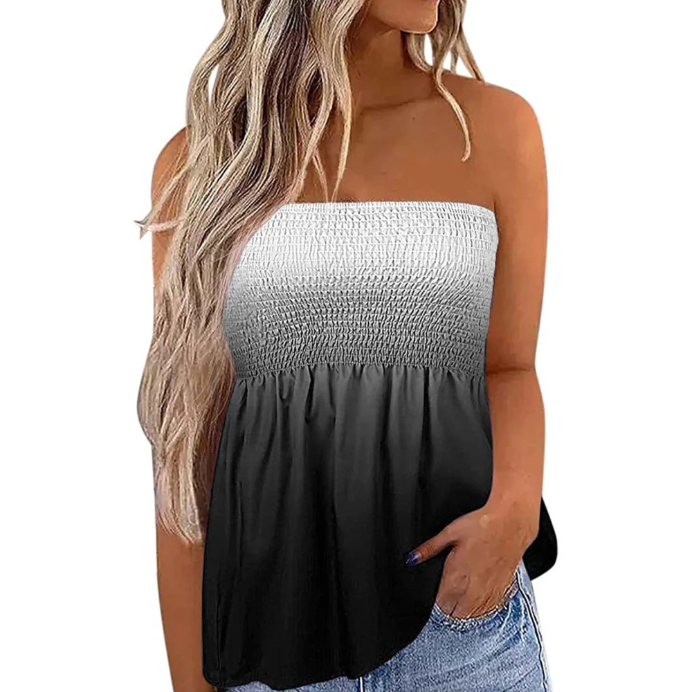 Women's Strapless Tank Tops, Sleeveless Ruched Loose Casual Pullover