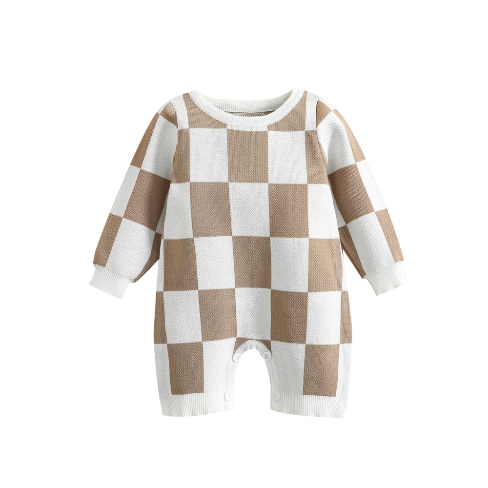 Baby Romper, Long Sleeve Checkerboard Knitted Sweater Jumpsuit