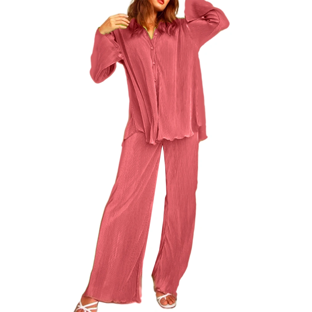 Women’s 2 Piece Pajamas Set, Long Sleeve Pleated Shirt + Pants Set