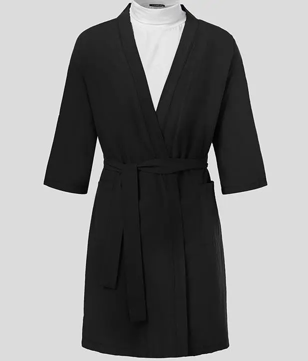 Men’ s Solid Color V-Neck Half Sleeve Night-Robe with Waist Belt