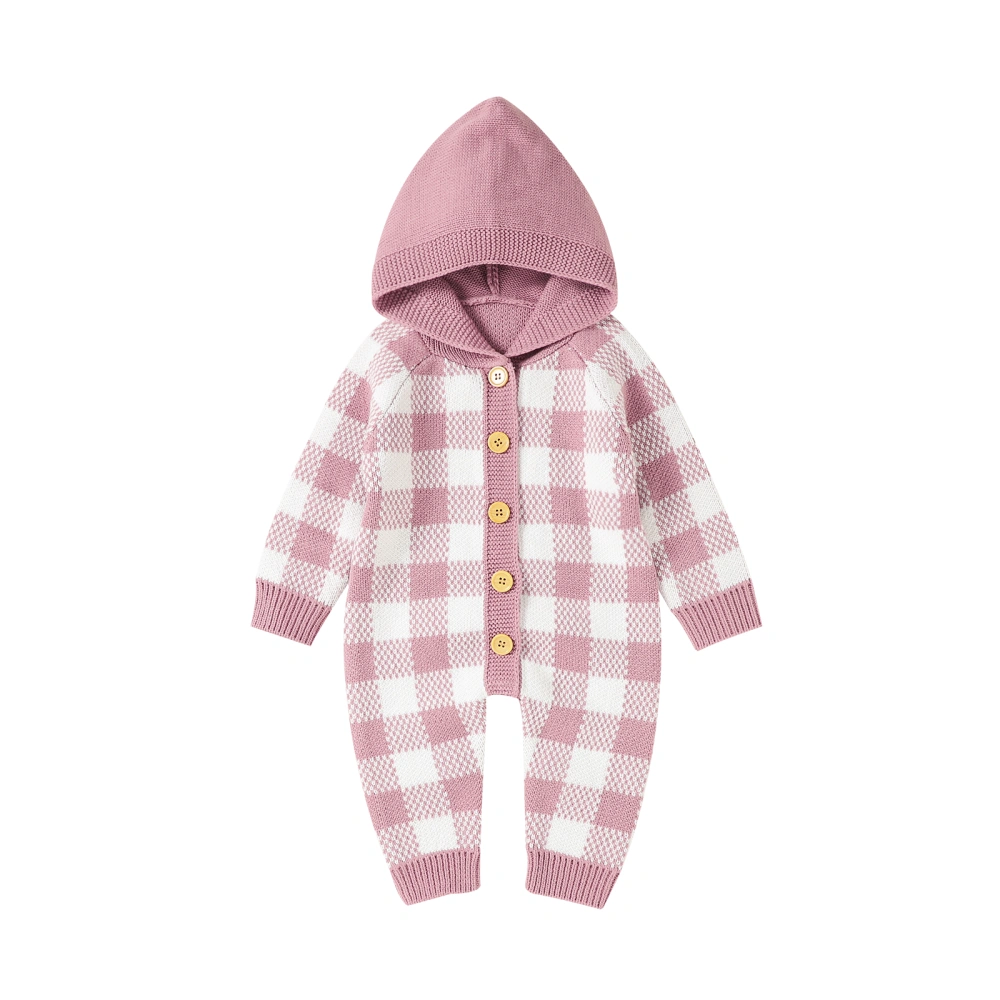 Hooded Knit Jumpsuit, Toddler Plaid Pattern Long Sleeve Button Romper