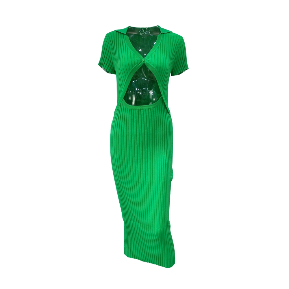 Ladies Knitted Hollow Bodycon Dress, Low Cut Single Button Long Skirt