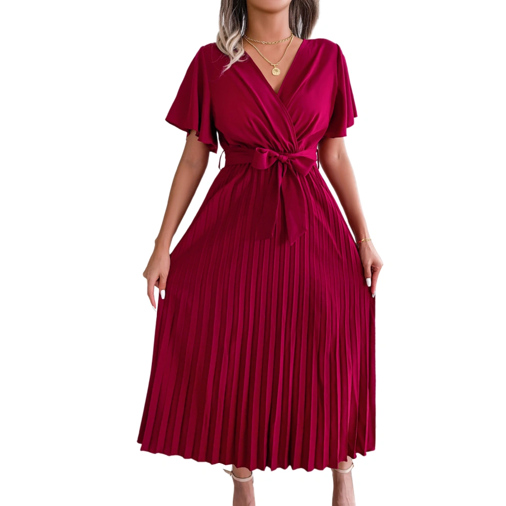 Women's Dress V Neck Short Sleeve Pleated Solid Color Dress with Belt