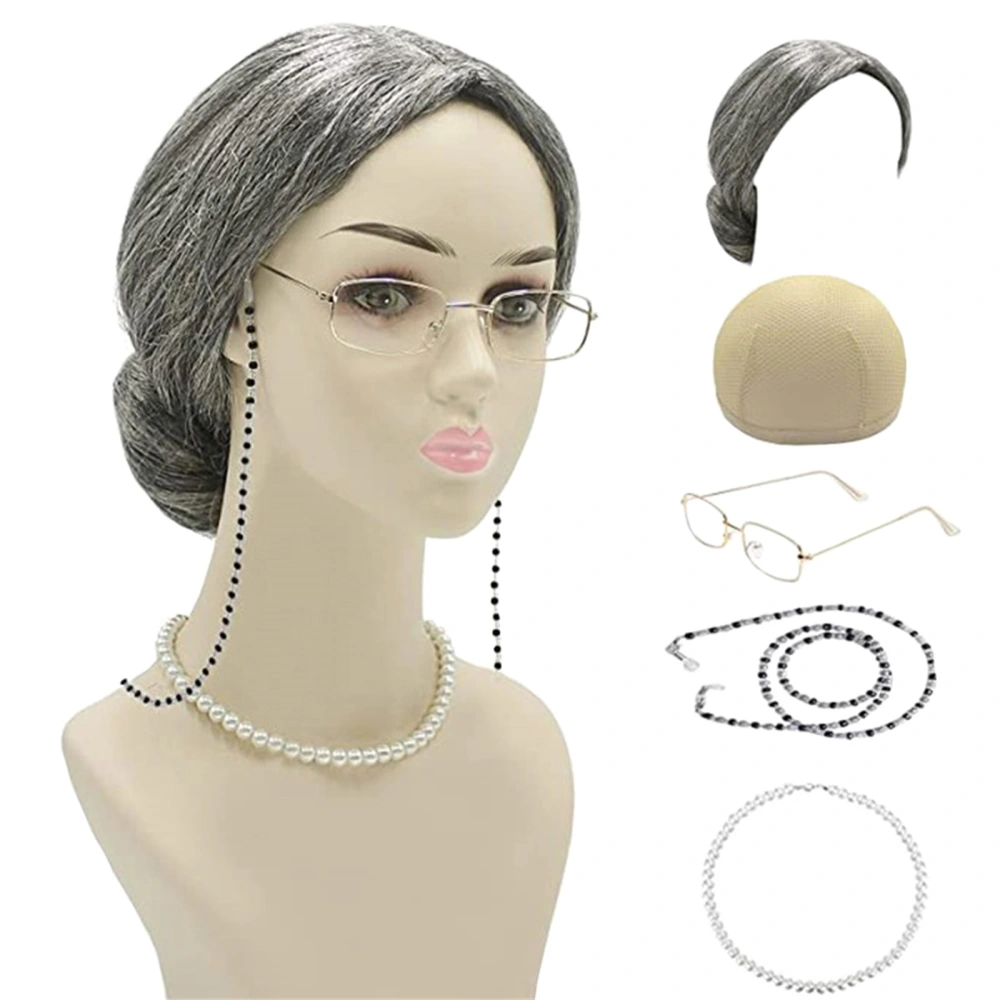 5 Pieces Old Lady Wig Set Halloween Granny Cosplay Costume Wigs